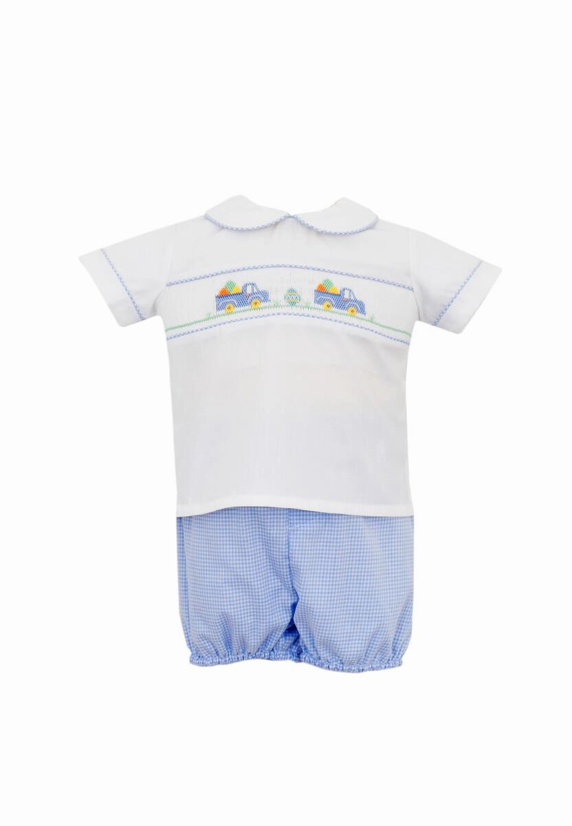 LayeredPanels Easter Trucks Boy's Short Set - Blue Gingham