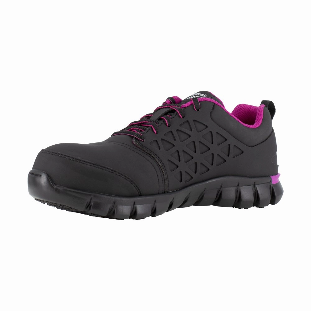 Quick lacing Reebok Women's Sublite Cushion Athletic Work Shoe Composite Toe Rb491 In Black And Pink