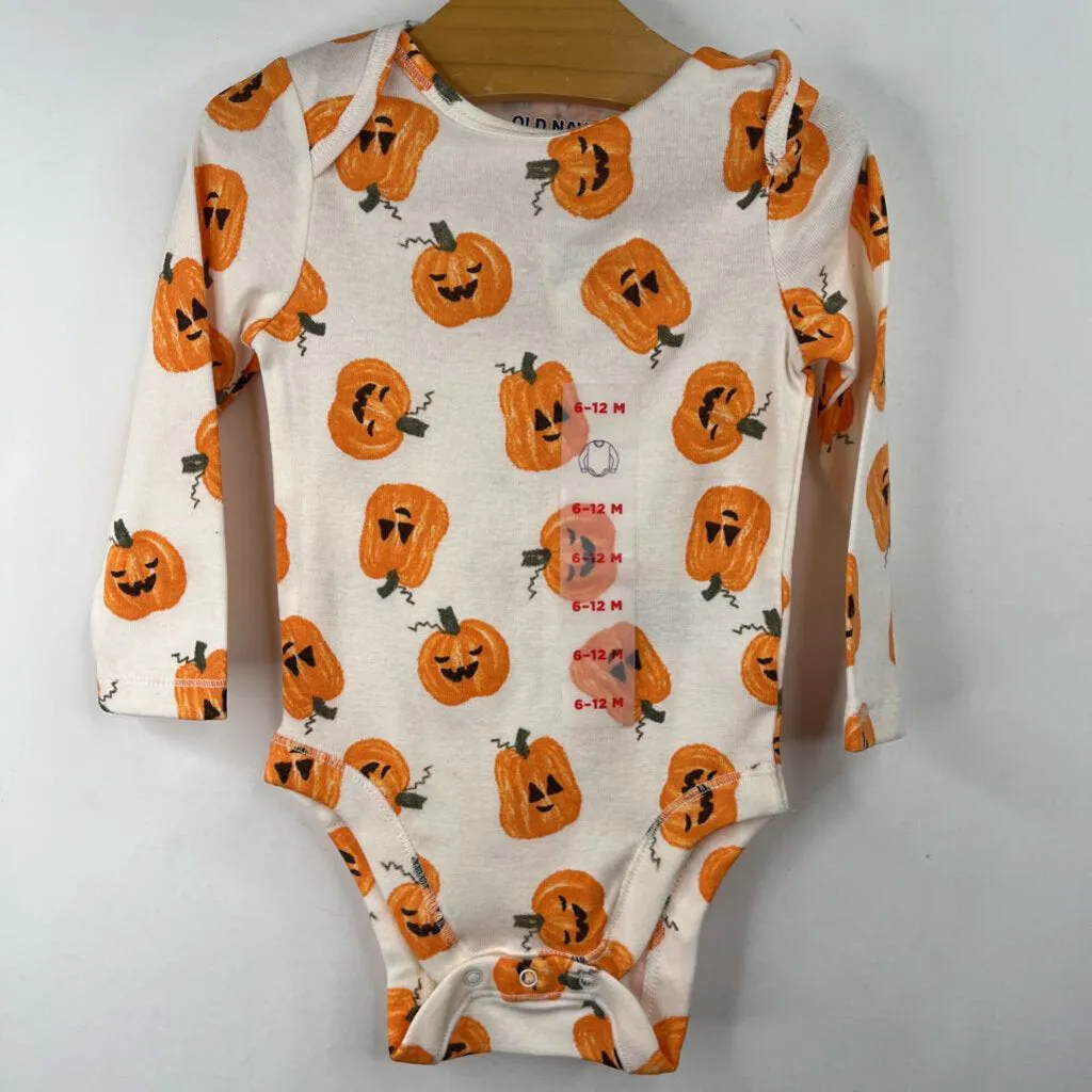 Size 6-12m: Old Navy Creme Pumpkin Print Long Sleeve Onesie-NEW W/Tag Polyester Summer