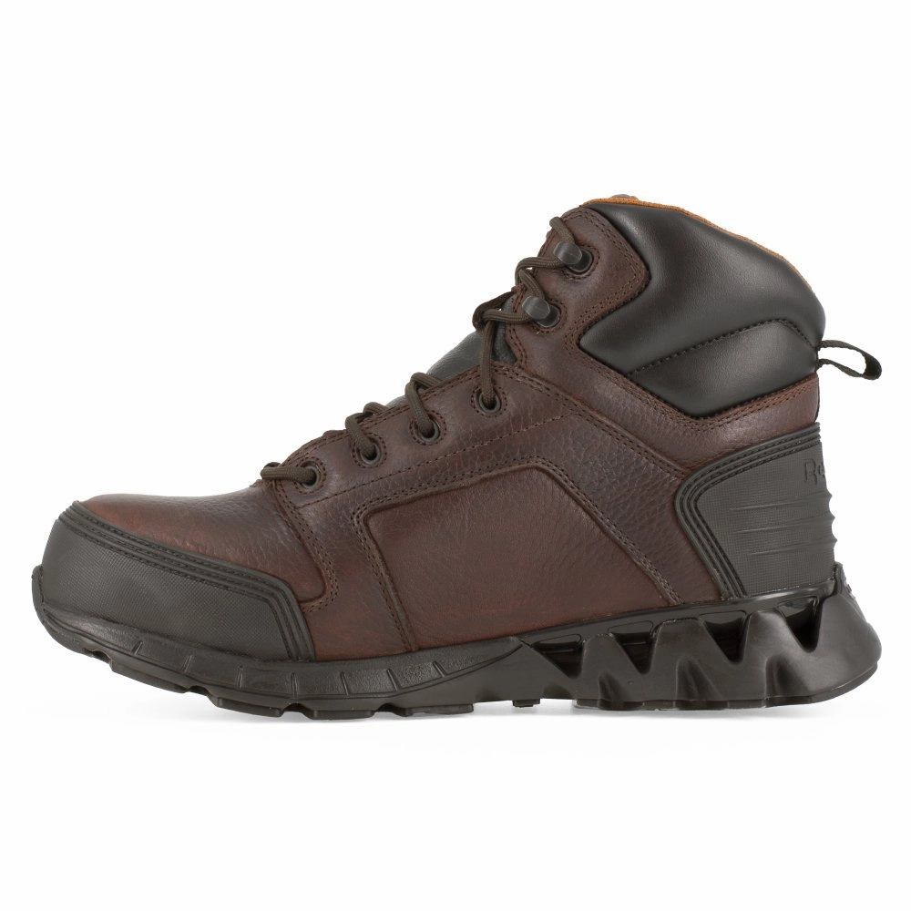 Friction Reduction Tech Reebok Zigkick 6" Athletic Work Boot With Cushguard Internal Met Guard Men's Carbon Toe Rb7605 In Dark Brown
