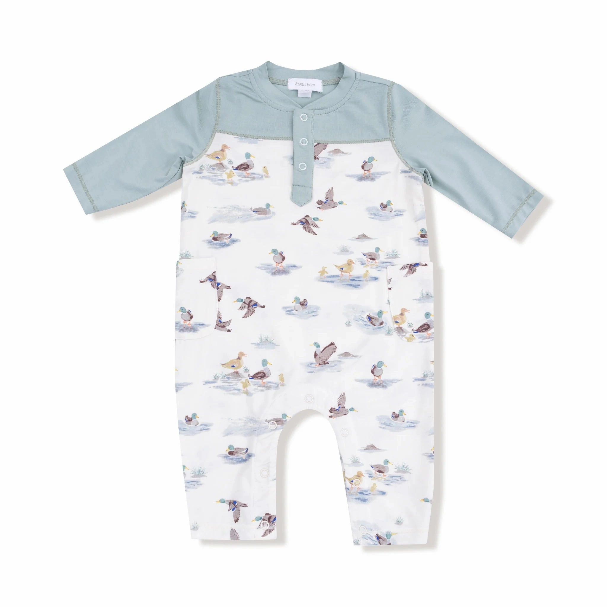 NonRestrictive Cut AntiPillingTechnology Migrating Mallards Romper w/ Contrast Sleeves