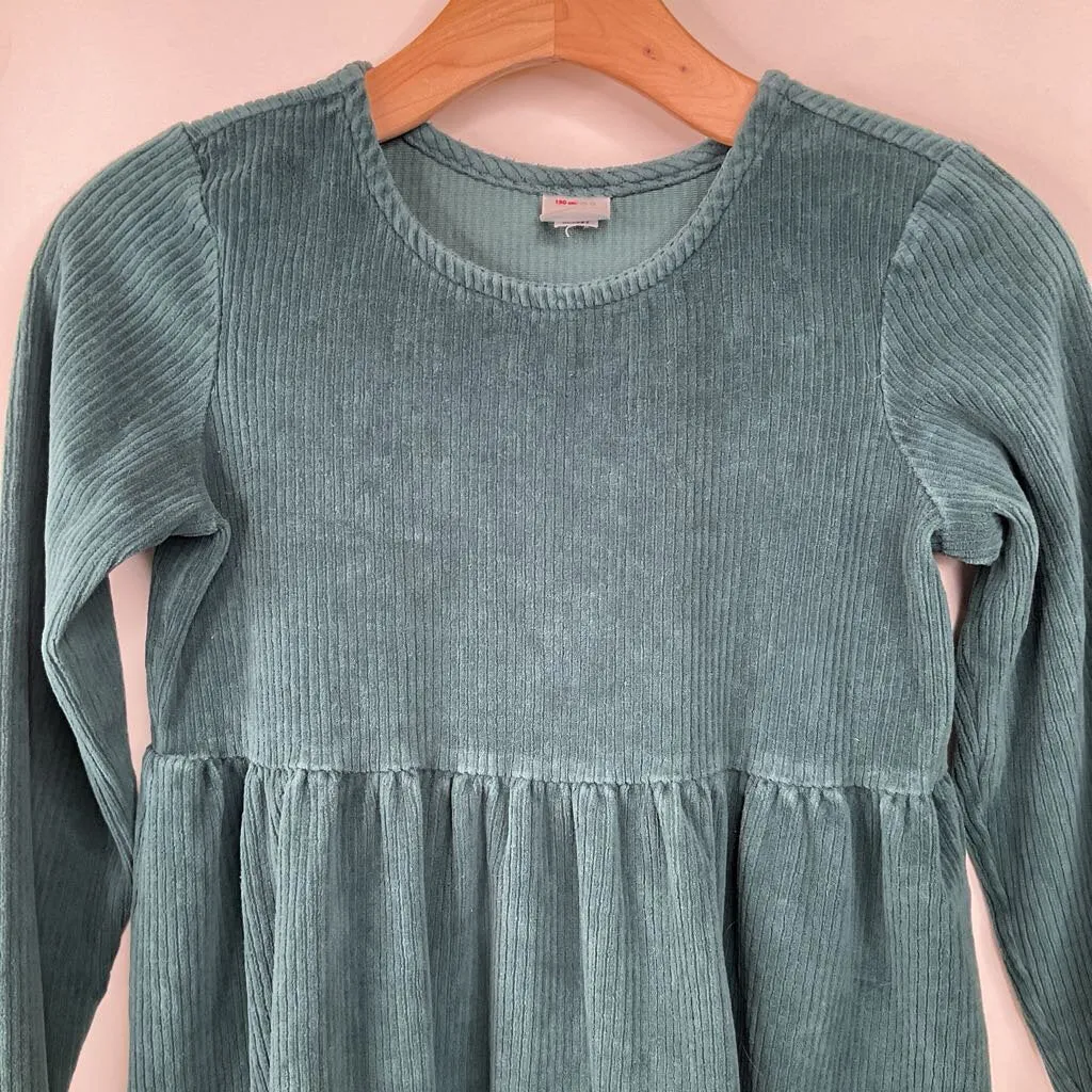 Size 12 (150): Hanna Anderson Green Ribbed Long Sleeve Dress Autumn kids' outfits Unique