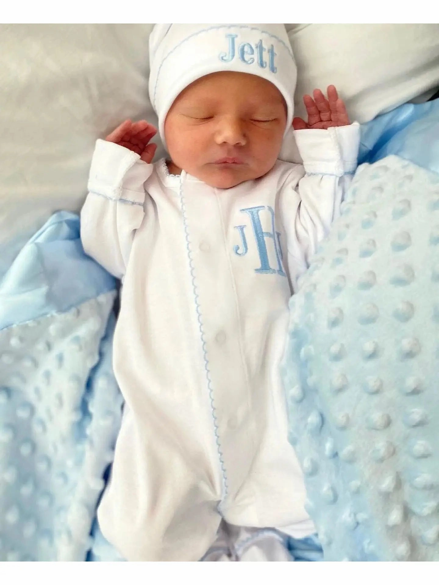 White w/Blue Picot Footie Garden Ease Sporty Dress