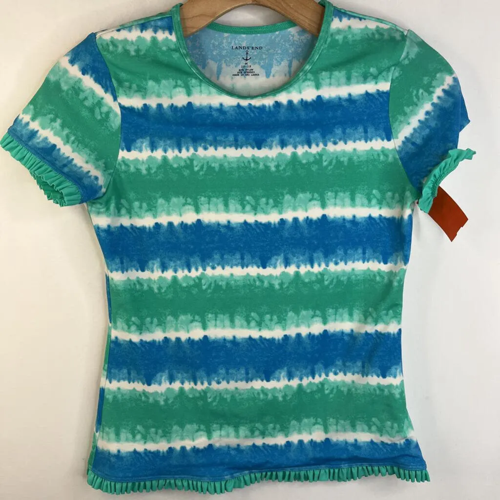 Size 10-12: Lands' End Blue/Green Swim T-Shirt Summer kids' apparel Train journey clothes for children