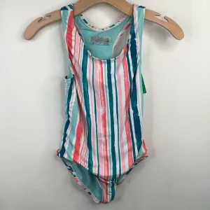 Size 9: Eddie Bauer Blue/Pink/White Striped 1pc Swimsuit Shade Enhanced Collar Pool Ready