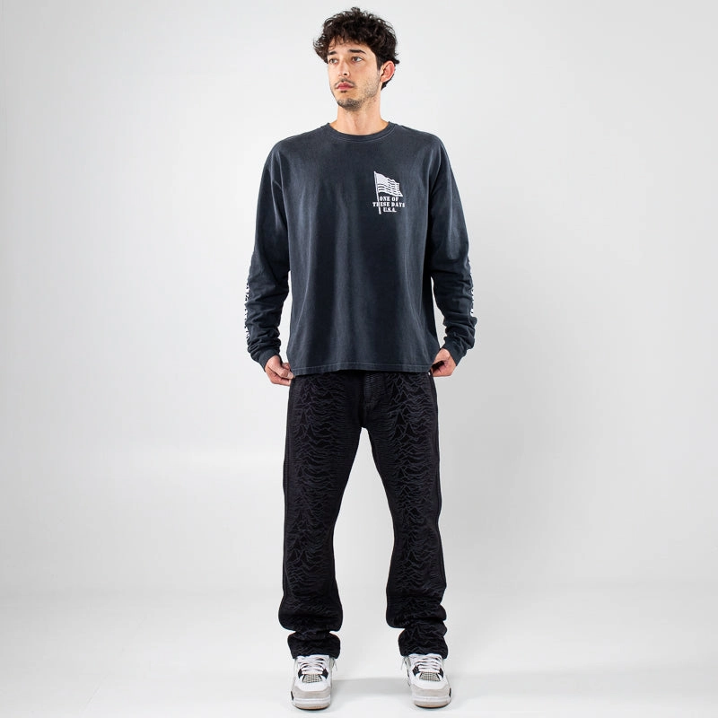 One Of These Days American Flag L/S Tee - Washed Black Work Mix Sequin Glow