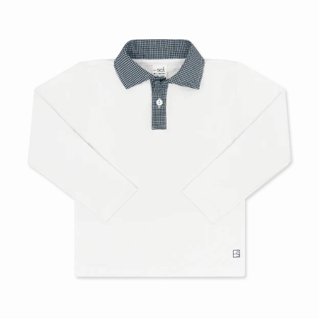 Reinforced Hem Parker Polo Long Sleeve - Pure Coconut, Nantucket Navy Minigingham