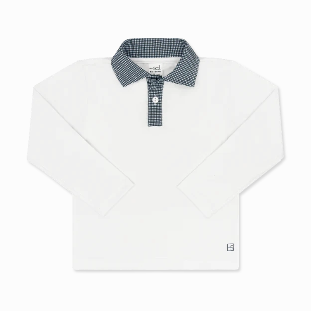 Fire Glow Road Soul Parker Polo Long Sleeve - Pure Coconut, Nantucket Navy Minigingham