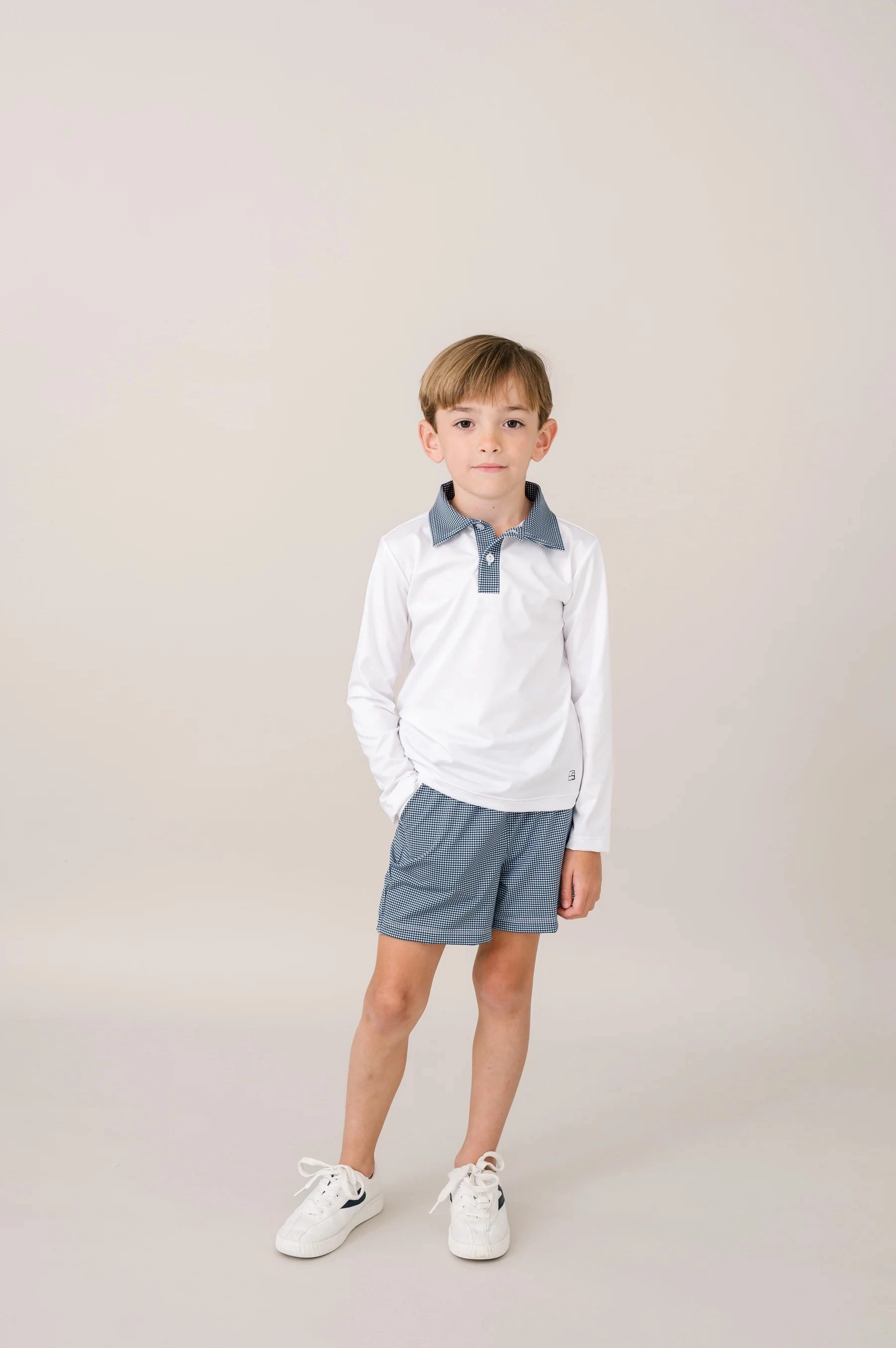 Work Safe Ventilated Back Panels Parker Polo Long Sleeve - Pure Coconut, Nantucket Navy Minigingham