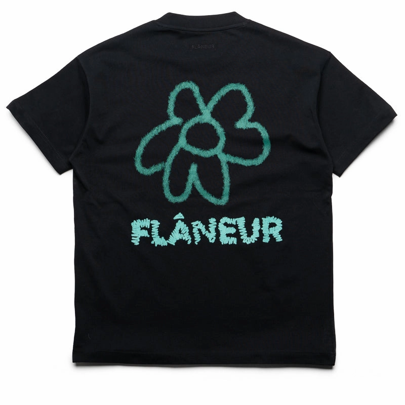 Reinforced Neckline Raw Hem Finish Flaneur Flower Doodle Tee - Black