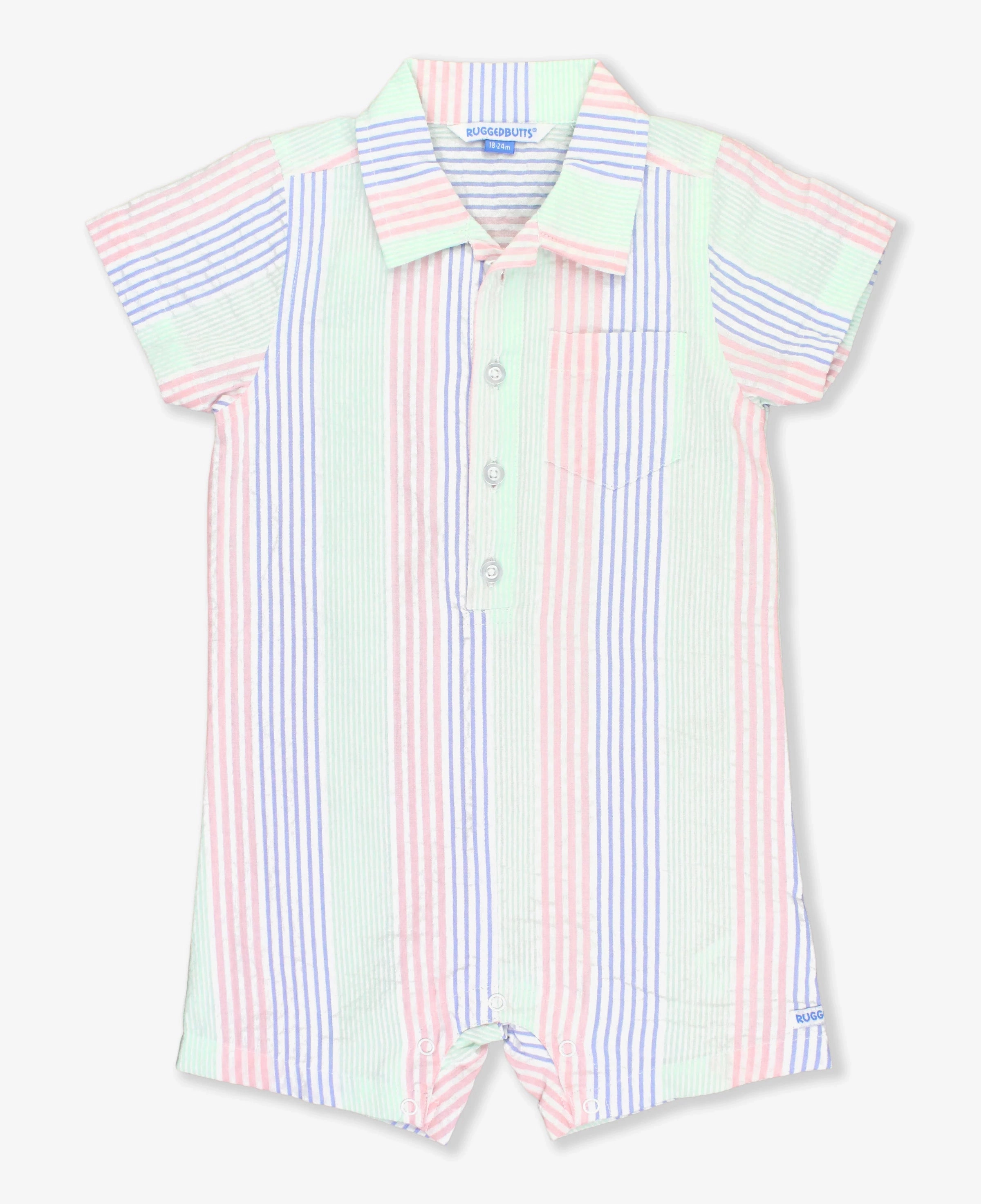 Multi Color Seersucker Short Sleeve Woven Romper Comfortable Style MoistureManagement Technology