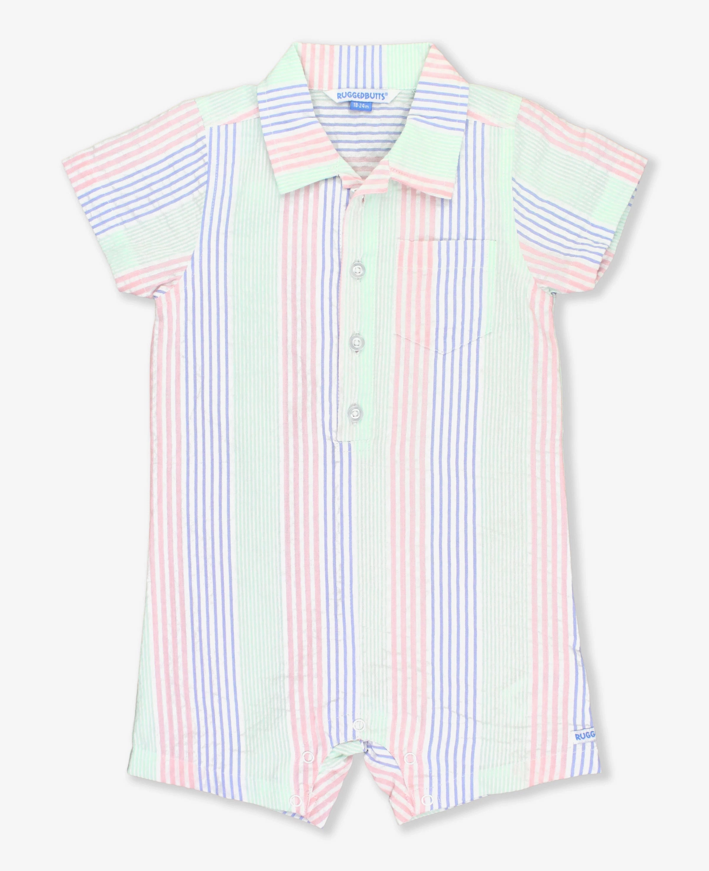 Multi Color Seersucker Short Sleeve Woven Romper elastic waistband