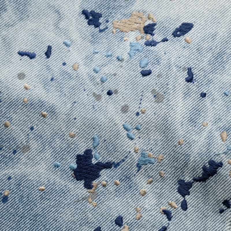 Forest Air MoistureControlClothing Purple Brand Mid Rise Baggy Leg Bleach Paint Embroidery Jean - Light Indigo