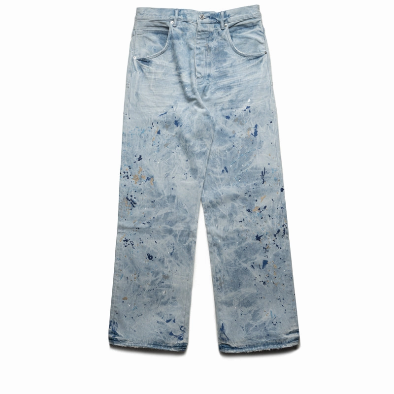 Silent Mood ReinforcedHem Purple Brand Mid Rise Baggy Leg Bleach Paint Embroidery Jean - Light Indigo