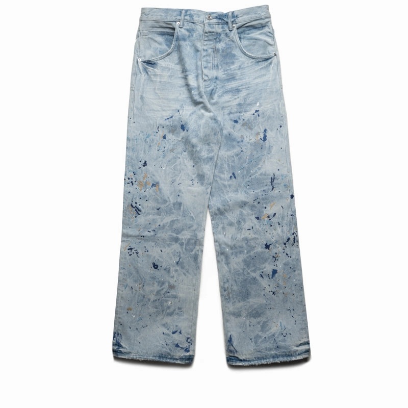 Trendy Trousers Purple Brand Mid Rise Baggy Leg Bleach Paint Embroidery Jean - Light Indigo