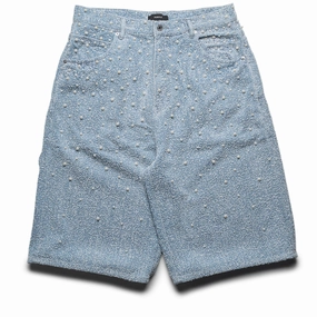 QuickPackable Design ElasticWaistband Purple Brand Textured Pearl Denim Shorts - Light Indigo