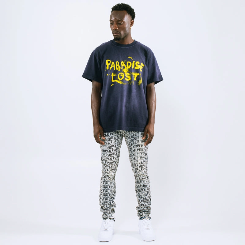 Transitional Fashion Design Edge Purple Brand Low Rise Skinny Leg Wordmark Flock Jean - Light Indigo