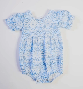 Quinn Poplin Romper in Blue Bunnies Seamless Design AntiPillingCloth