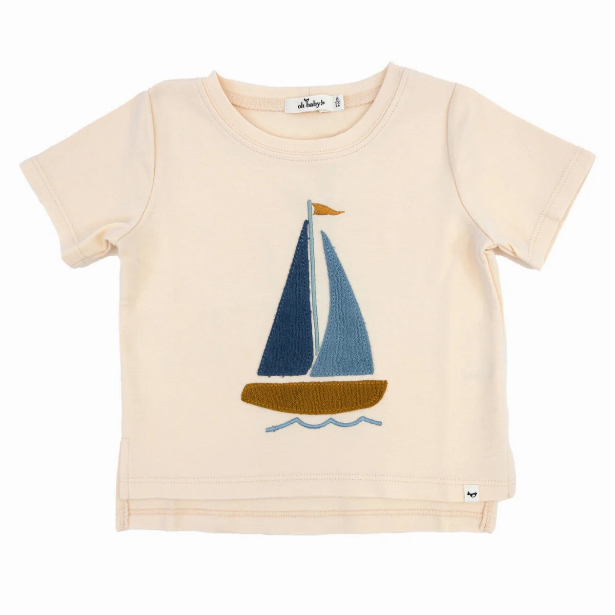 Polish Core Raw Edge Short Sleeve Cotton Slub Tee - Denim Sailboat Applique - Cashew