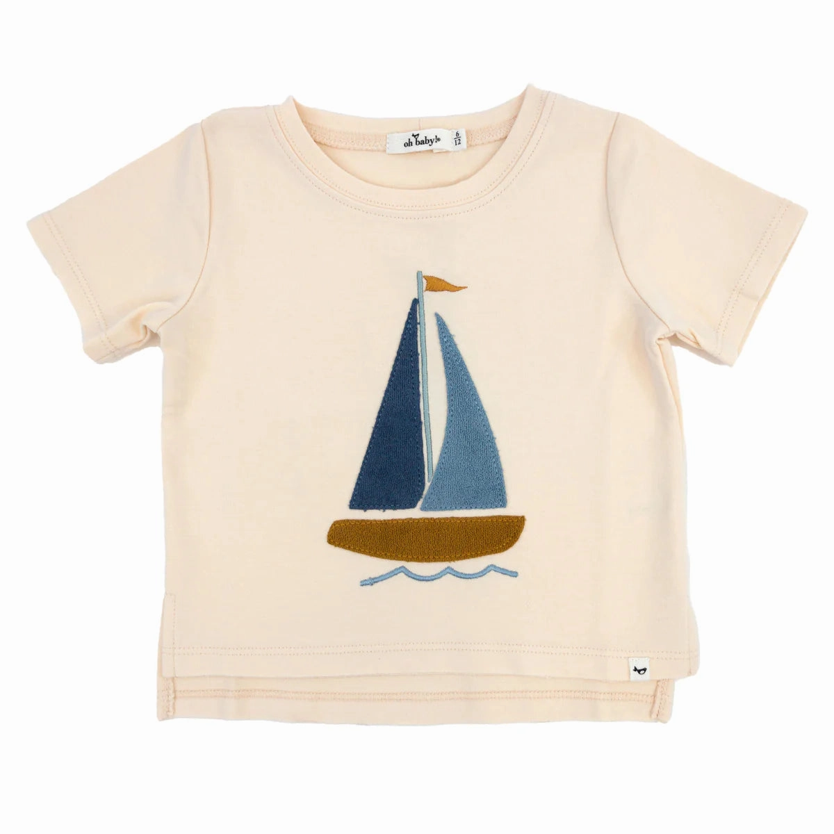 Raw Edge Short Sleeve Cotton Slub Tee - Denim Sailboat Applique - Cashew Ventilated Back Panels