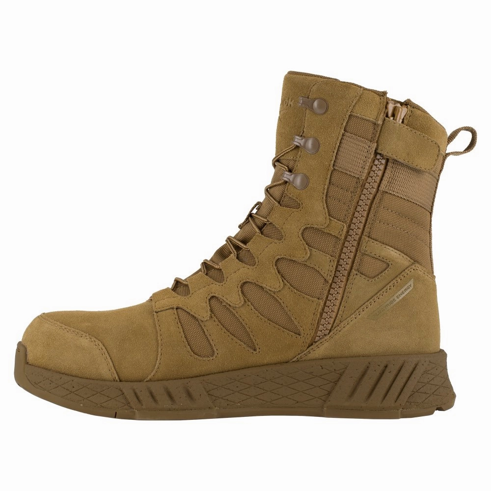 Reebok 8" Floatride Energy Tactical Boot With Side Zipper Men's Composite Toe Rb4360 In Coyote women trail shoes
