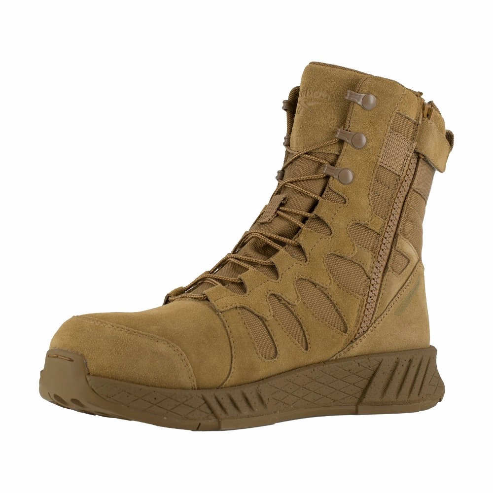 Reebok 8" Floatride Energy Tactical Boot With Side Zipper Men's Composite Toe Rb4360 In Coyote Balanced Cushioning
