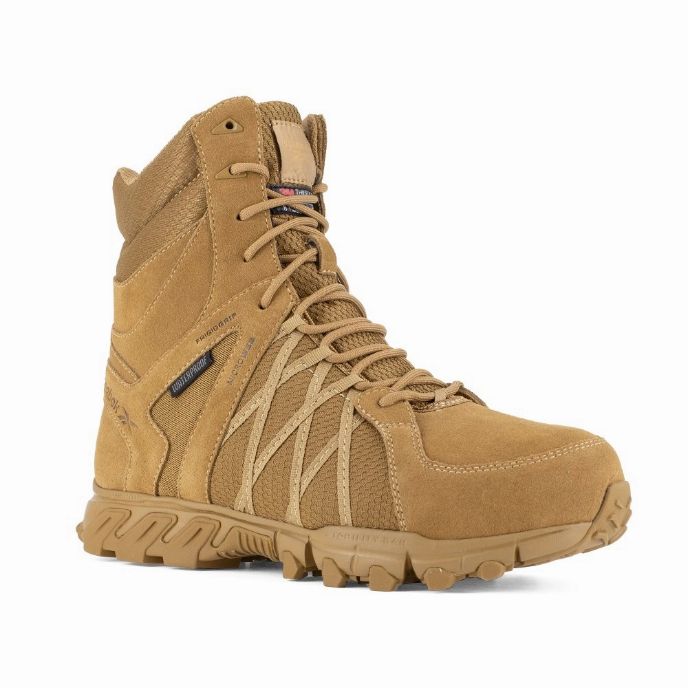 Reebok 8" Waterproof Insulated Trailgrip Tactical Boot With Side Zipper Men's Composite Toe Rb3461 In Coyote adjustable lacing system Moisture Wicking Liner