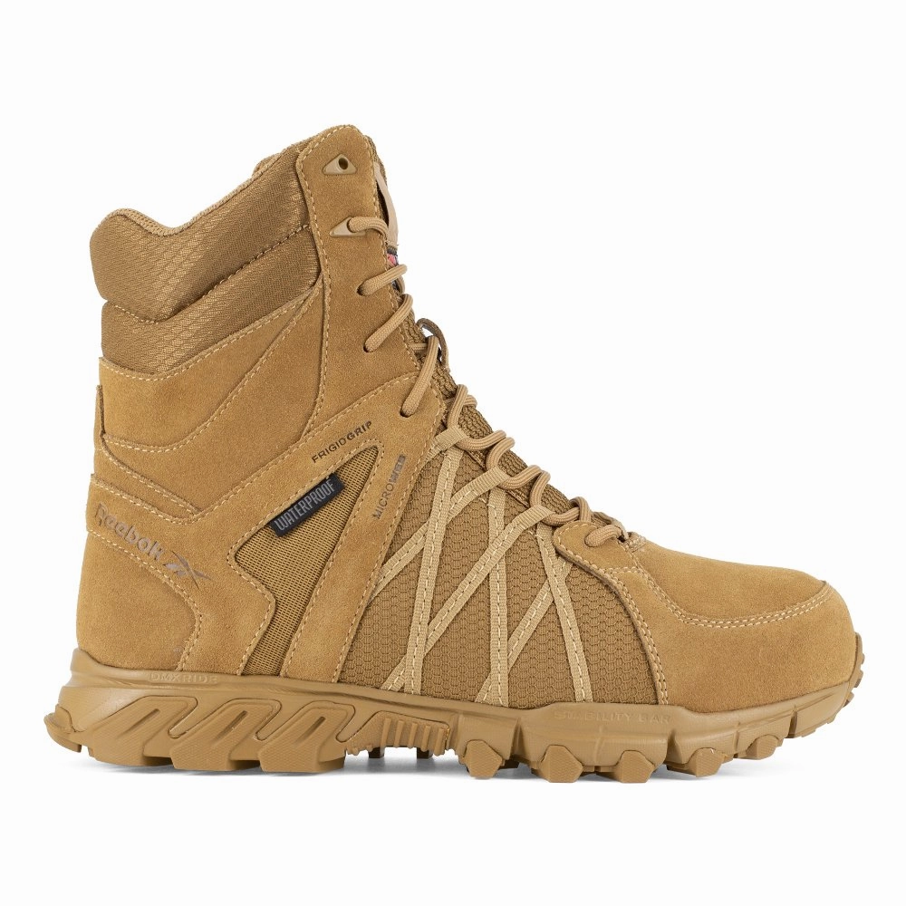 Impact Reduction Sole Units Reebok 8" Waterproof Insulated Trailgrip Tactical Boot With Side Zipper Men's Composite Toe Rb3461 In Coyote