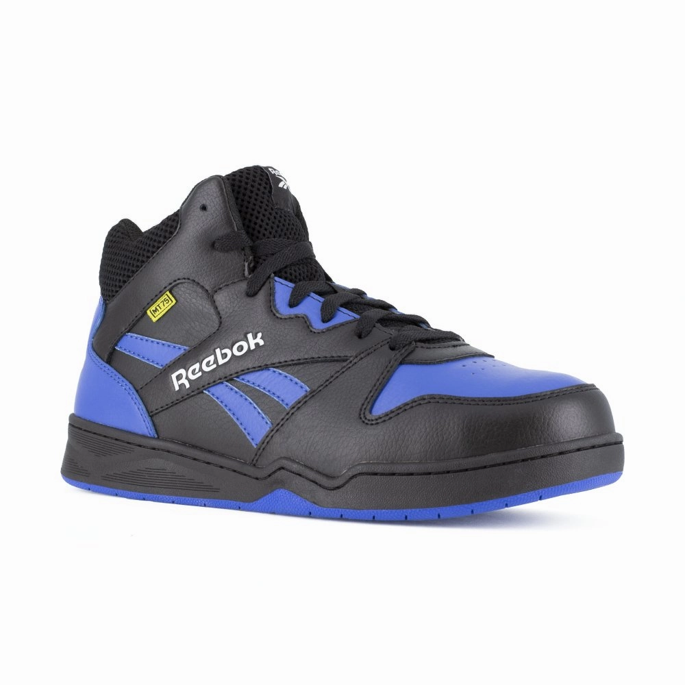 Reinforced Toe Guard Tread Durability Enhancement Reebok Men's High Top Bb4500 Work Sneaker Composite Toe Rb4166 In Black And Blue