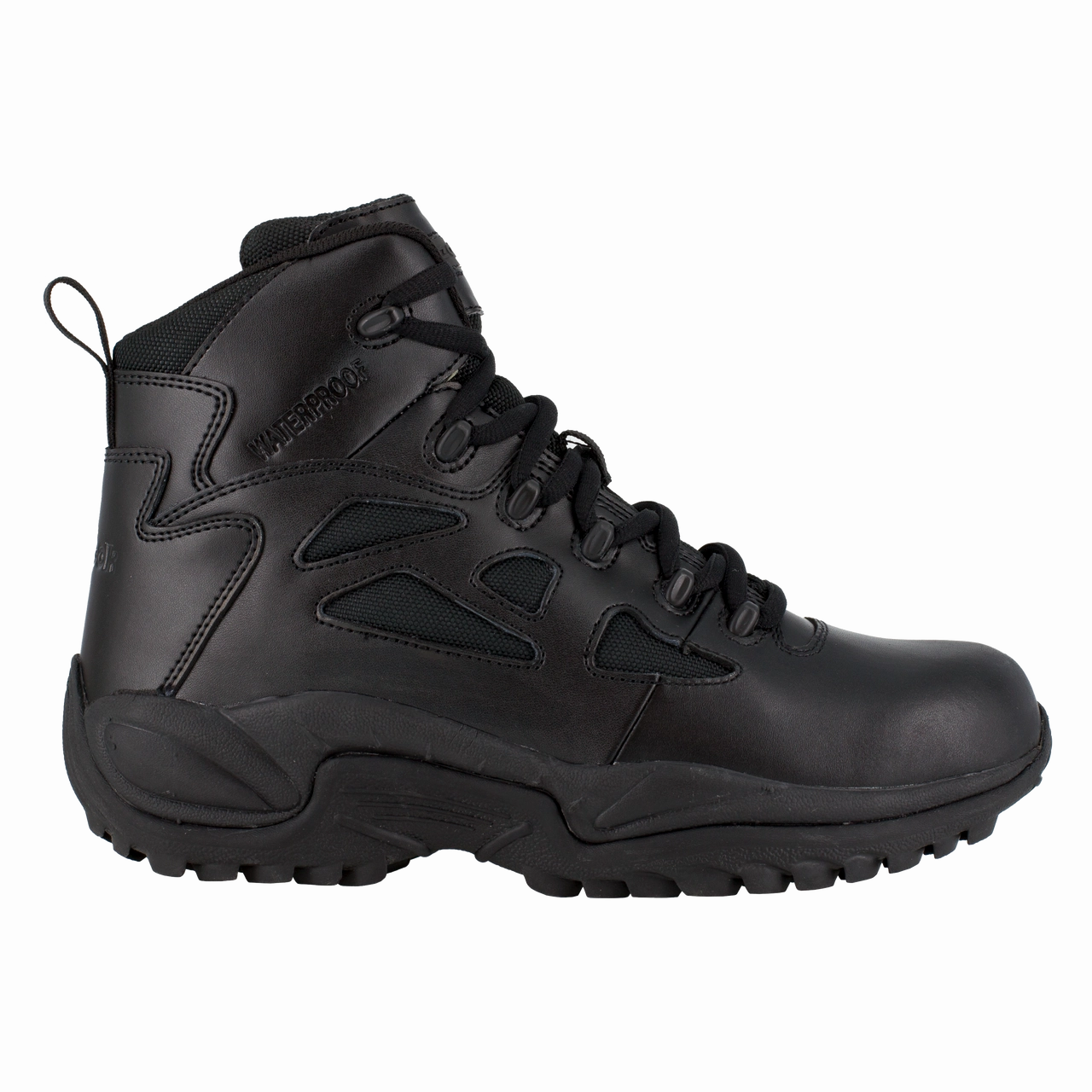 Reebok Work Rapid Response RB RB8688 Men's 6" Stealth Waterproof Boot with Side Zipper in Black Adaptive Lacing System Zero Drop Platform