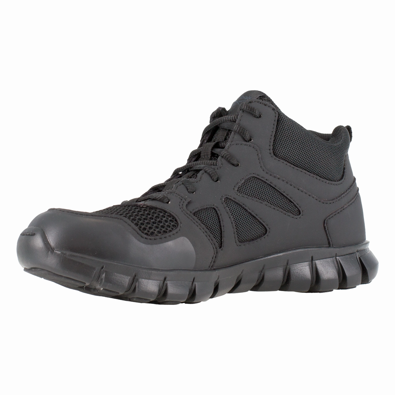 Slip Resistant Pod Configuration Reebok Work Sublite Cushion Tactical RB805 Women's Tactical Mid-Cut in Black