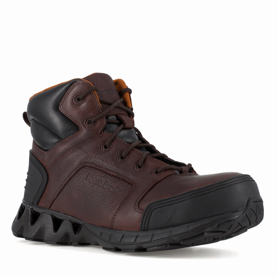 Reebok Zigkick 6" Athletic Work Boot Men's Composite Toe Rb7005 In Dark Brown Secure lacing system Padded Tongue
