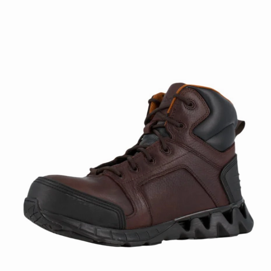 Reebok Zigkick 6" Athletic Work Boot Men's Composite Toe Rb7005 In Dark Brown Abrasion Resistant Upper Drainage Port System