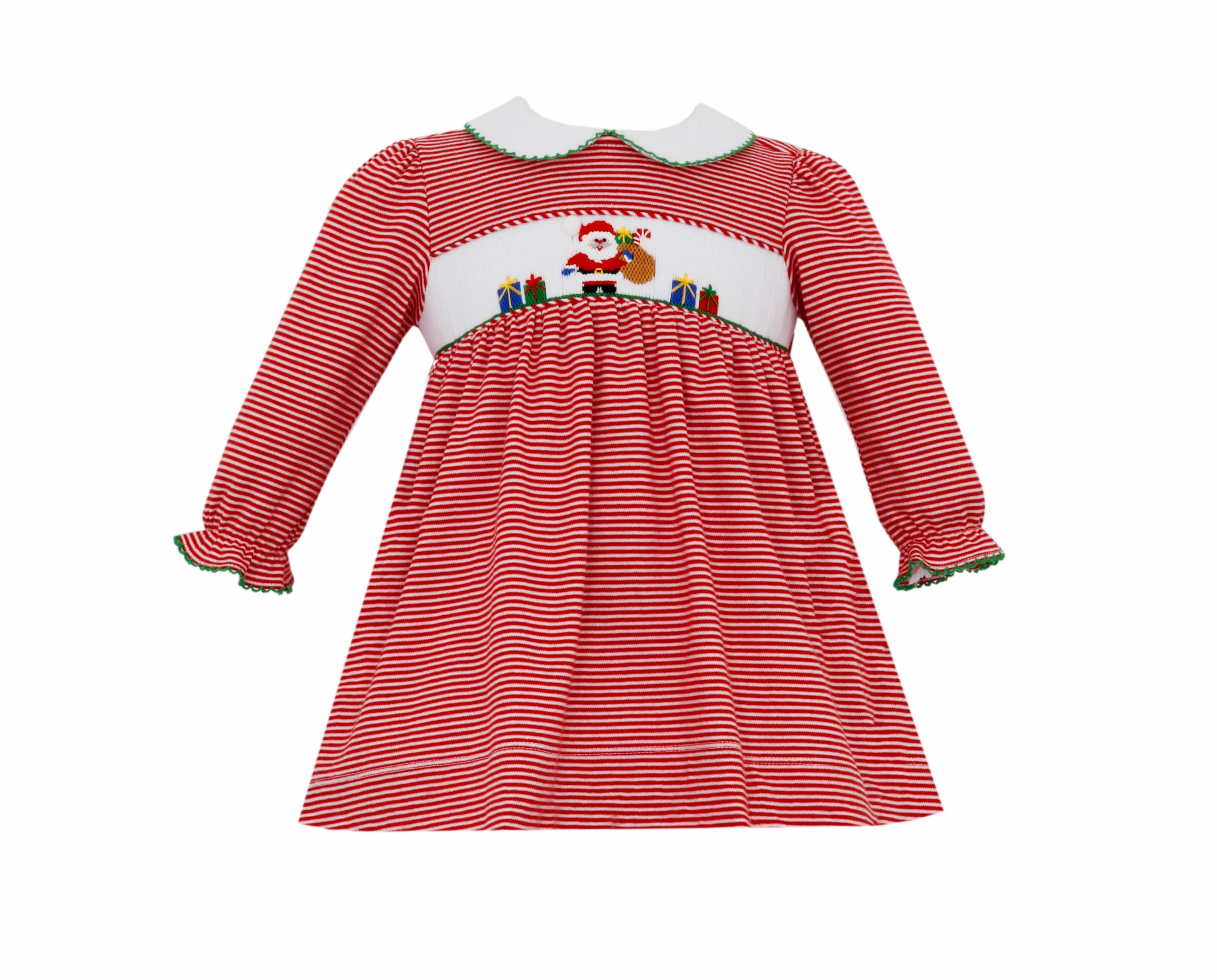 Red Stripe Knit Smocked Santa Long Sleeve Dress Parisian Chic