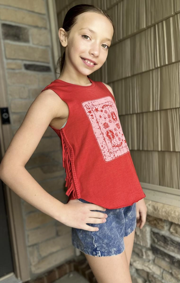 Student Cool Laid-Back Outfit Western Queen Playing Card Fringe Graphic Tank