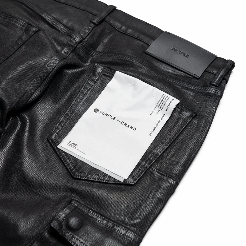 Purple Brand Low Rise Flared Leg Coated Cargo Flare Jean - Black SnagProofMaterial