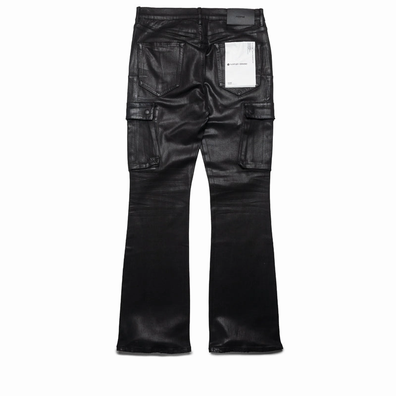 Purple Brand Low Rise Flared Leg Coated Cargo Flare Jean - Black Ventilated Back Panel ChafeFree Design