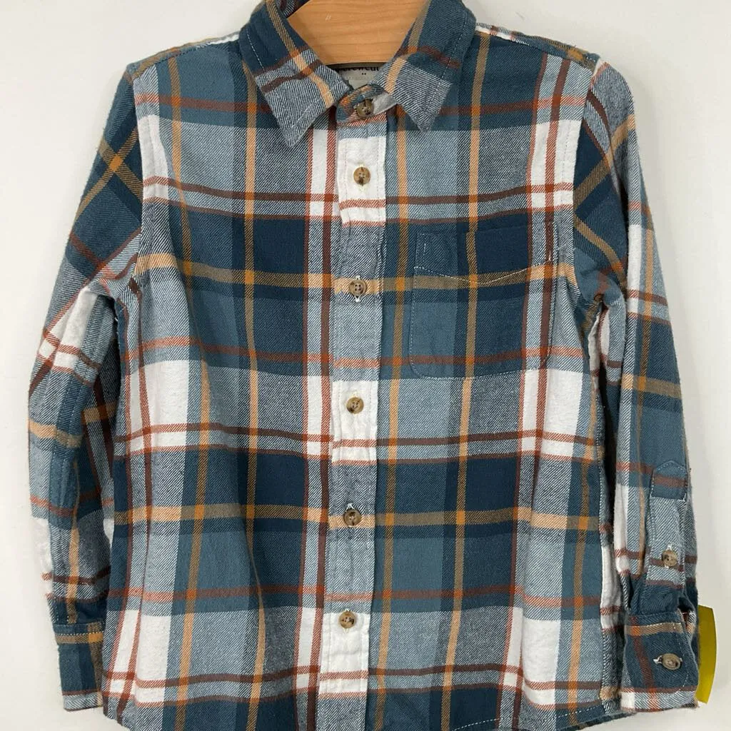 Size 4-5: Crewcuts Blue/Brown Plaid Collared Button-Up Long Sleeve Shirt Easy - to - take off