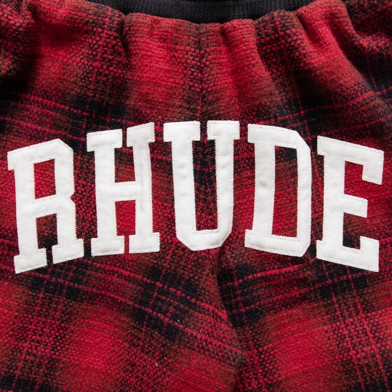 Rhude Flannel Collegiate Court Logo Short - Red/Black Casual Bottoms