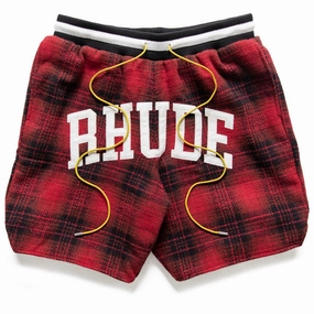 Rhude Flannel Collegiate Court Logo Short - Red/Black Fine Weave