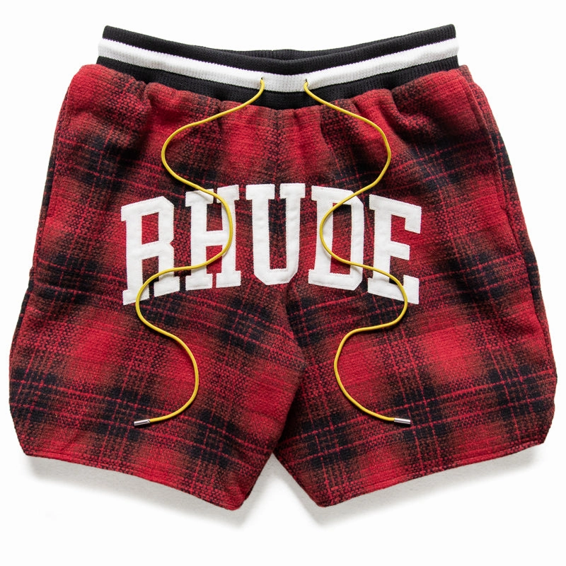 Rhude Flannel Collegiate Court Logo Short - Red/Black Fine Weave