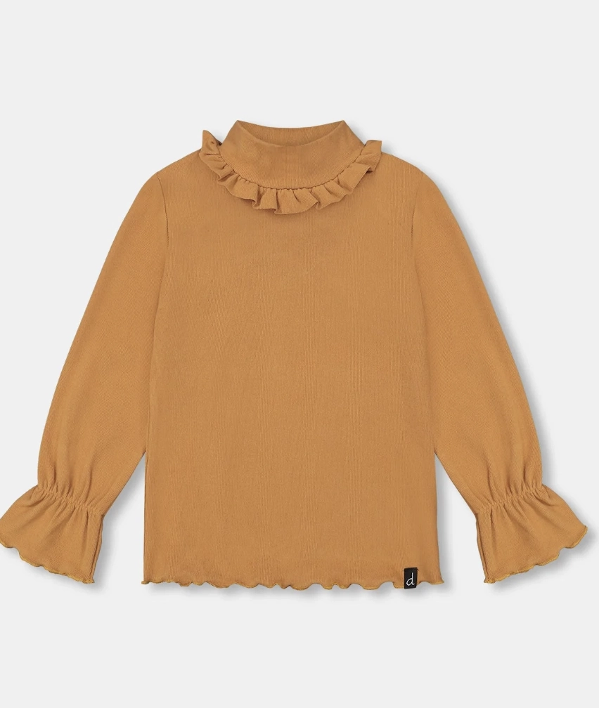 Stone Glow FrictionResistant Rib Mock Neck Top w/Frills - Golden Brown