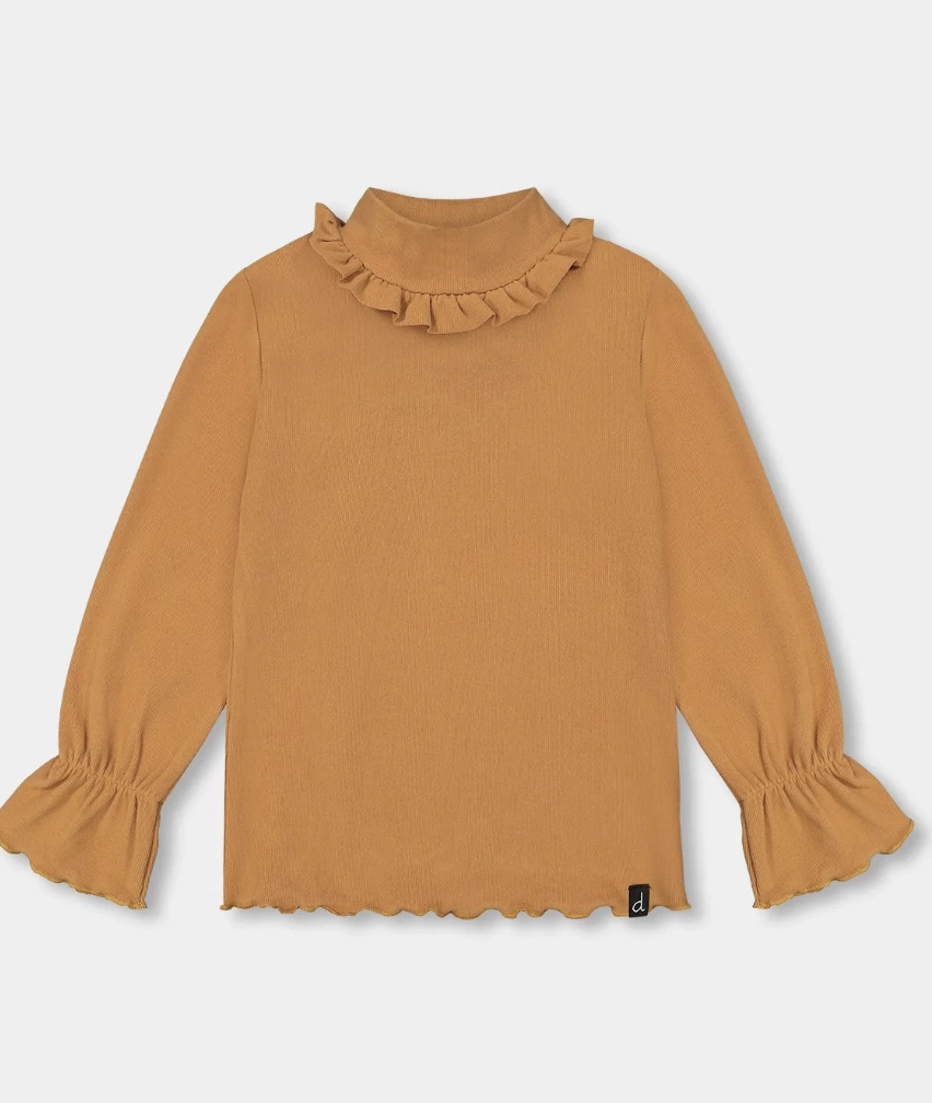 Rib Mock Neck Top w/Frills - Golden Brown Design Glow Ocean Air