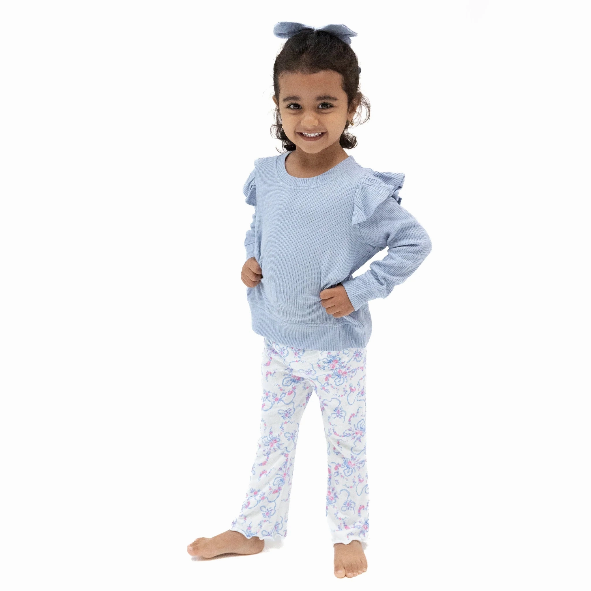 WrinkleFreeFabric Mesh Glow Ribbon Floral Fling Ruffle Shoulder Shirt and Flare Pant