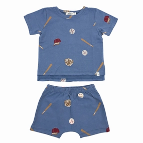 Summer Wear Raw Edge Tee and Shorts Set - Baseball Print - Denim