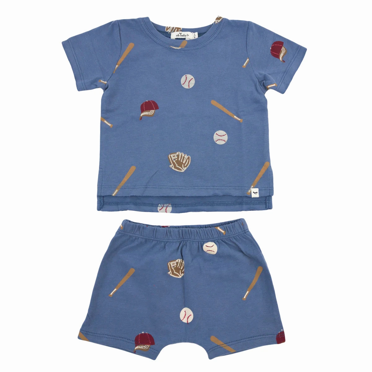 MatteFinishTexture Chic Design Raw Edge Tee and Shorts Set - Baseball Print - Denim