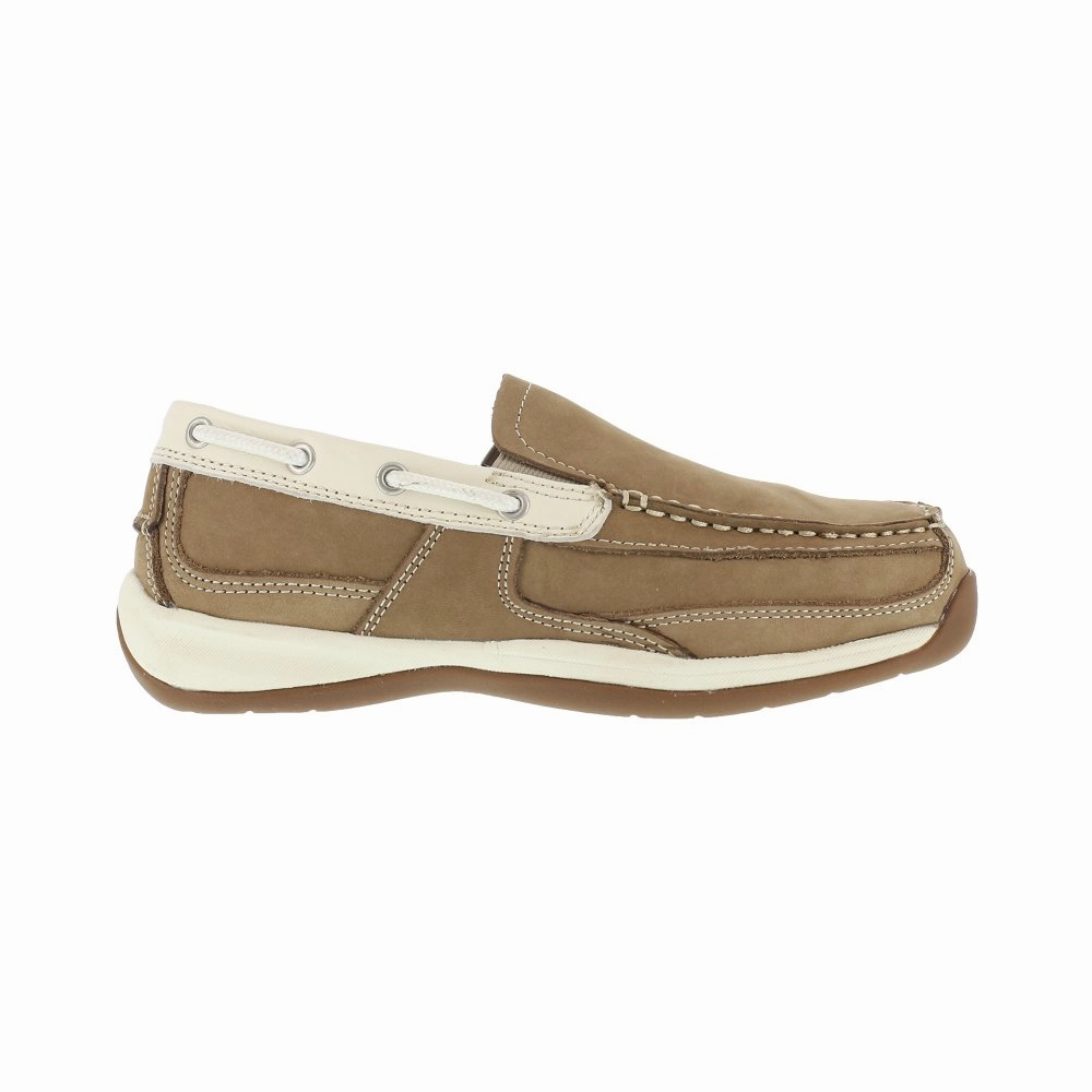 Secure Walk Safety Guard Gear Rockport Slip-on Work Boat Shoe Women's Steel Toe Sailing Club Rk673 In Tan And Cream