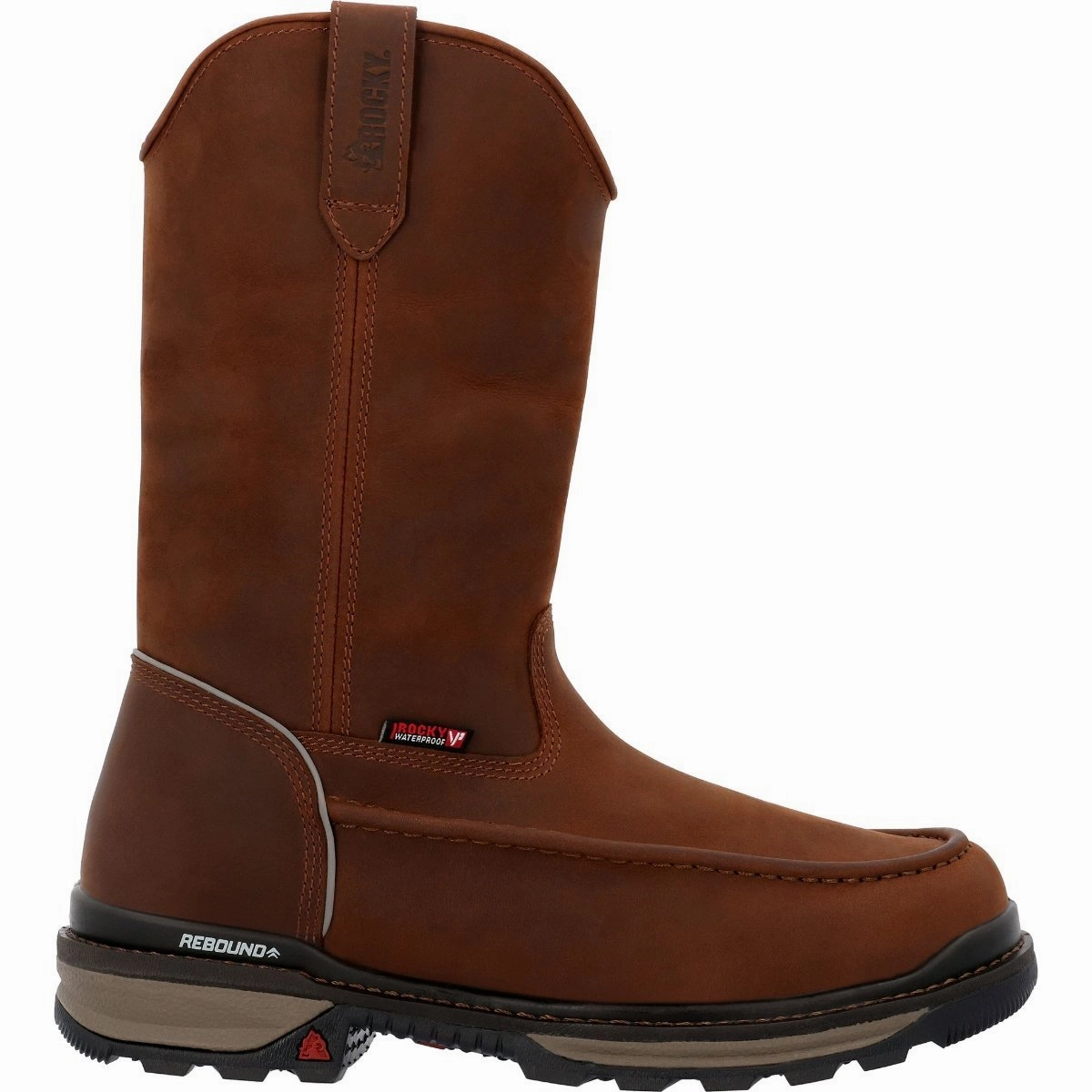 Rain Shield Metal Edge Rocky Rams Horn Men's Waterproof Pull-On Work Boots Rkk0441 In Brown