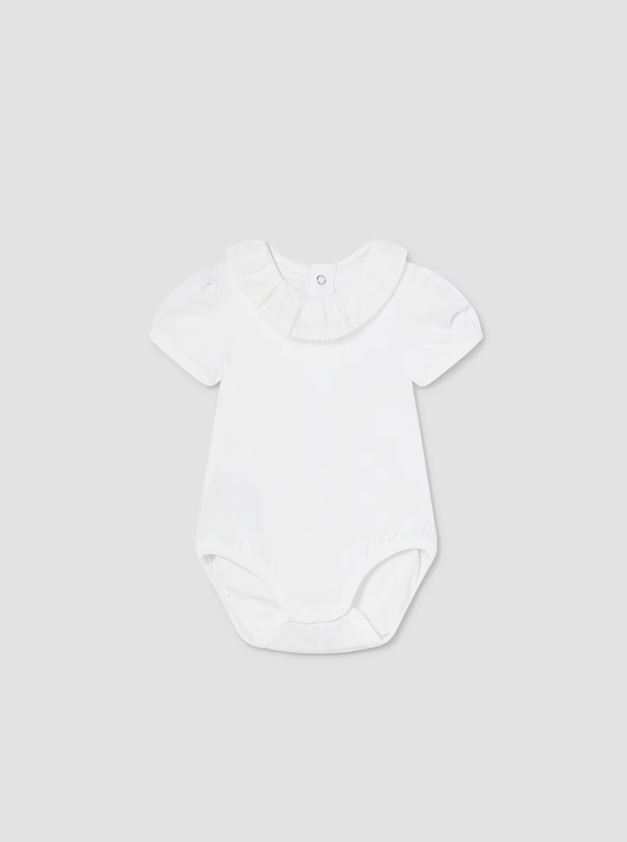 Stylish Jeans Ventilated Back Panels Ruffle Collar Bodysuit | White