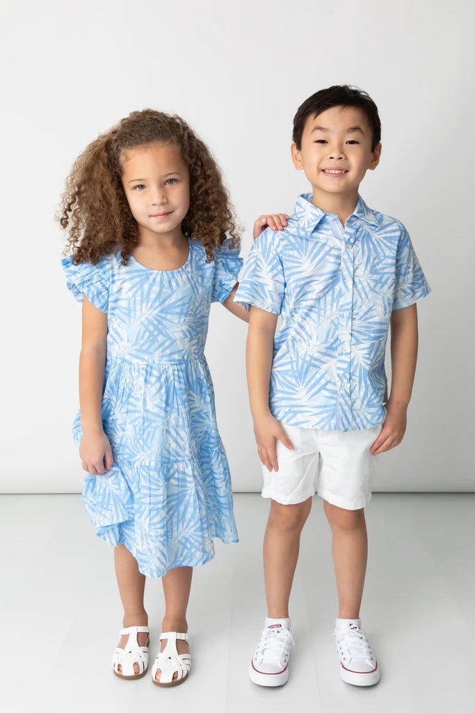 Short Sleeve Shirt Tropical Palms Blue Beach Fit Comfortable Shoes